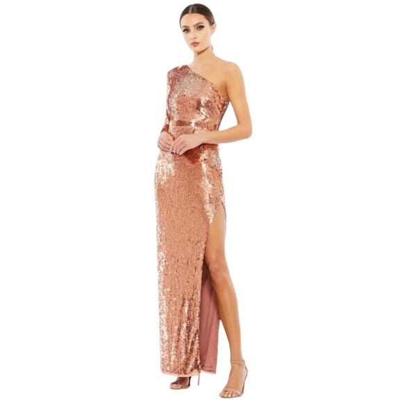 Mac Duggal Dresses & Skirts - MAC DUGGAL Dress Size 14 Evening Gown Sequin Copper One Shoulder Metallic